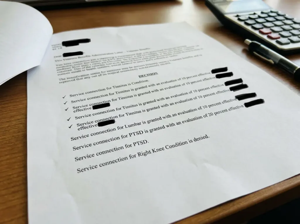close up of VA decision letter