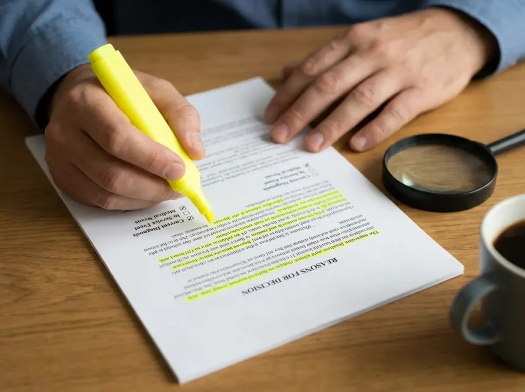 Man carefully reviewing VA decision letter with a highlighter